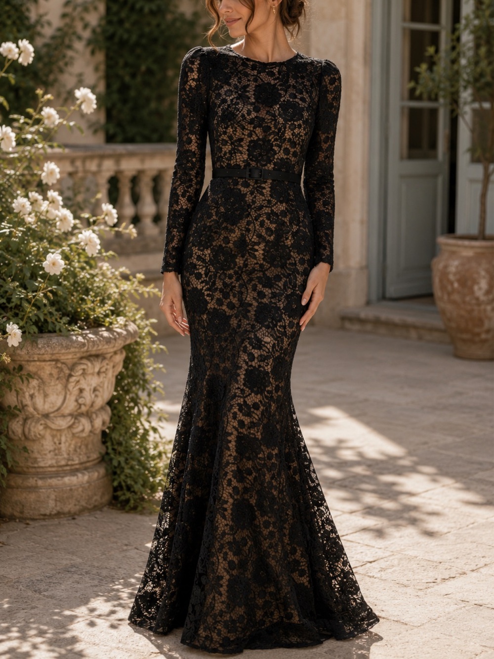 Dress the Population Black Label Tamra Belted Floral Lace Mermaid Gown